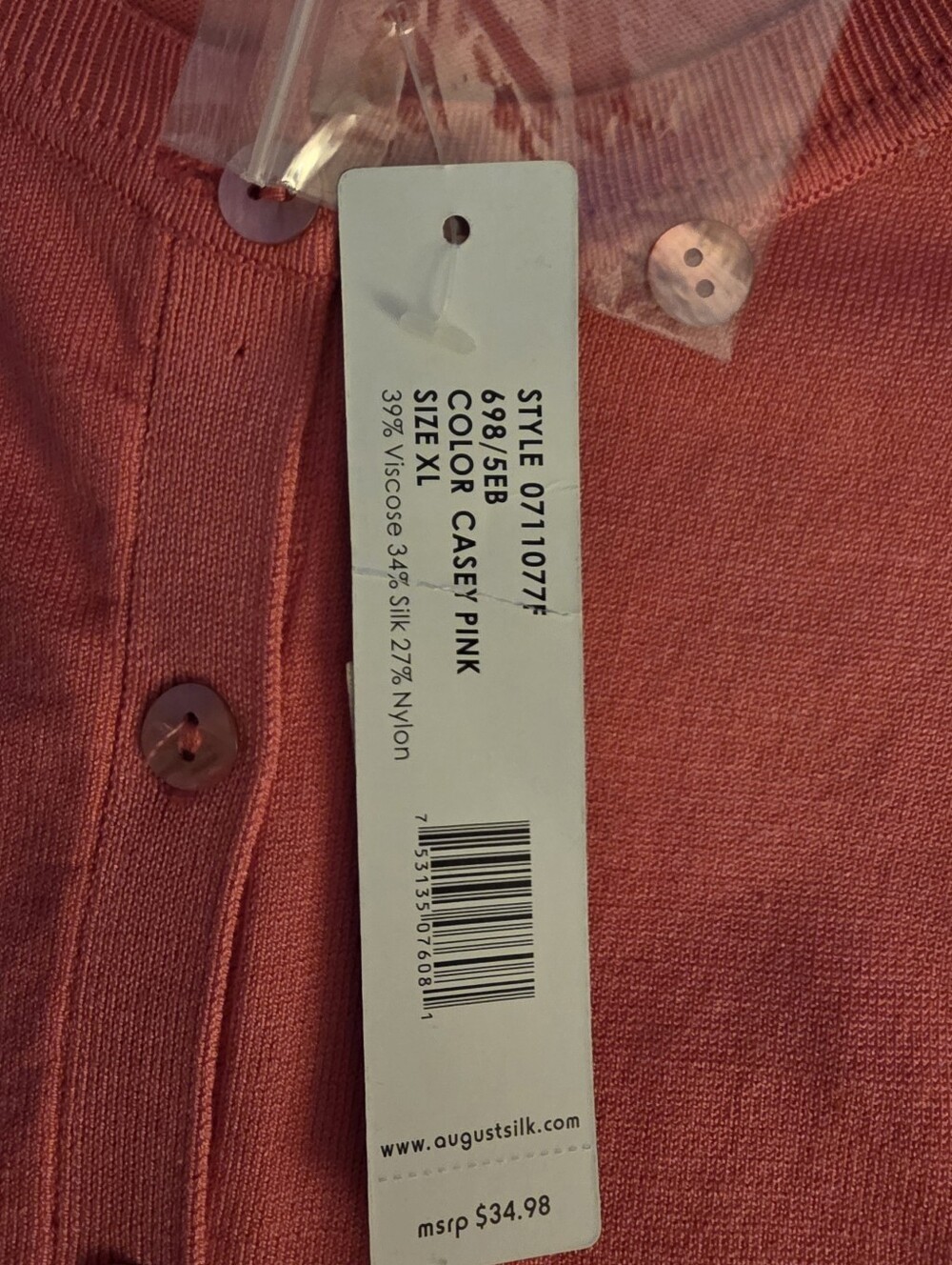 NWT August Silk Lightweight Cardigan - Casey Pink (Vibrant Coral) - Size XL - Picture 5 of 7
